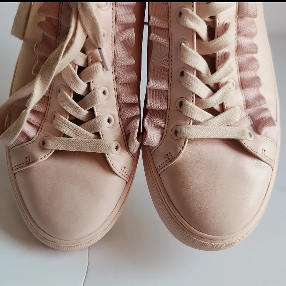 Tory Burch Sport Calf Leather Ruffle Sneakers Cotton Pink Size 9
